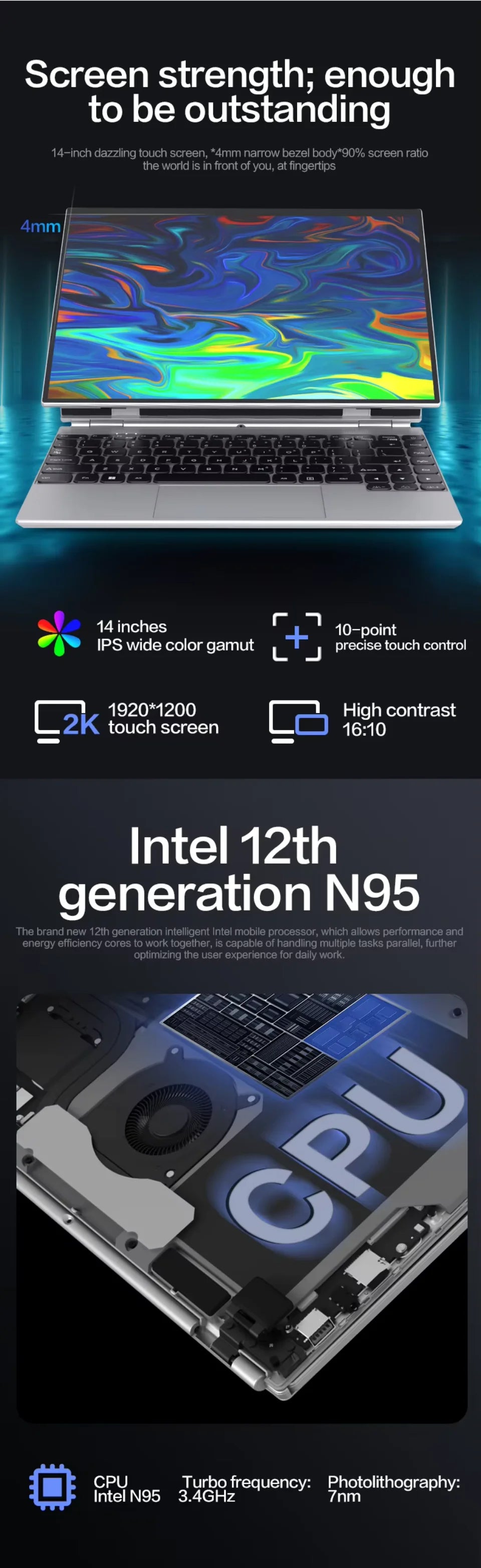 360° Rotating 14.0'' IPS Touch Screen 32G 128G-1T N95 Windows 11 Notebook 4 In 1 Business Office Slim LAPTOP facial recognition