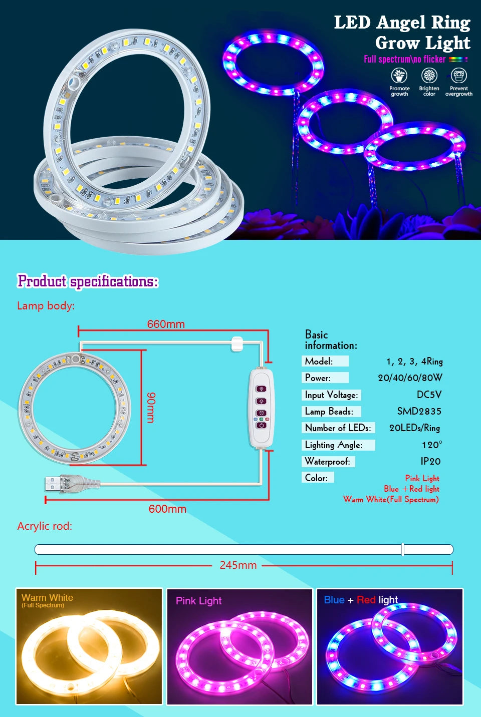 LED Grow Light Full Spectrum with UV IR Angel Ring Phytolamp DC5V USB for Indoor Grow Tent Planting