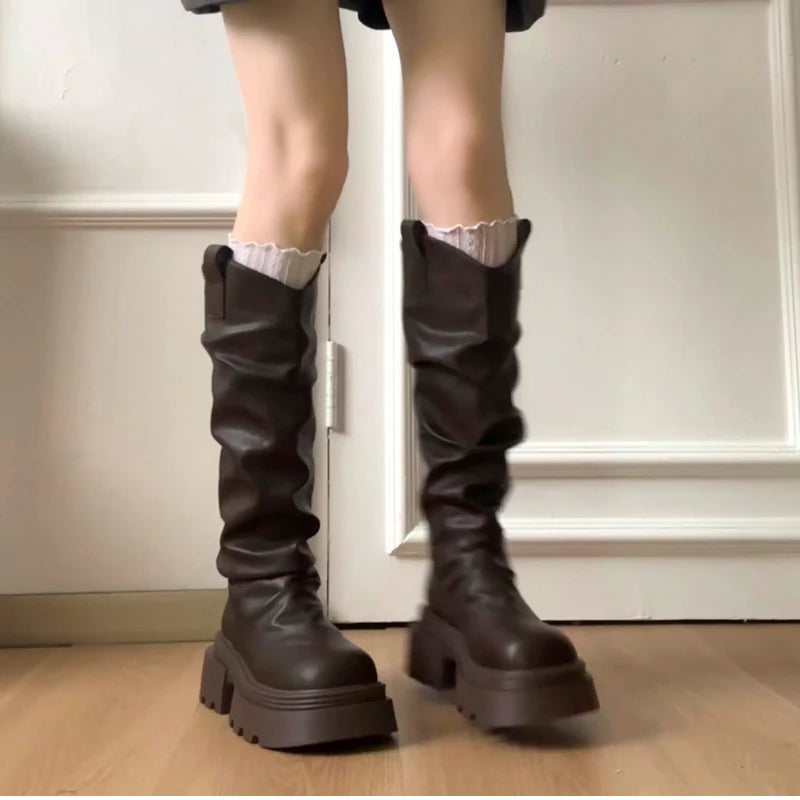 Autumn Winter Platform Thick Bottom Women Long Boots Fashion Slip On Shoes Vintage Ladies Knight Botas