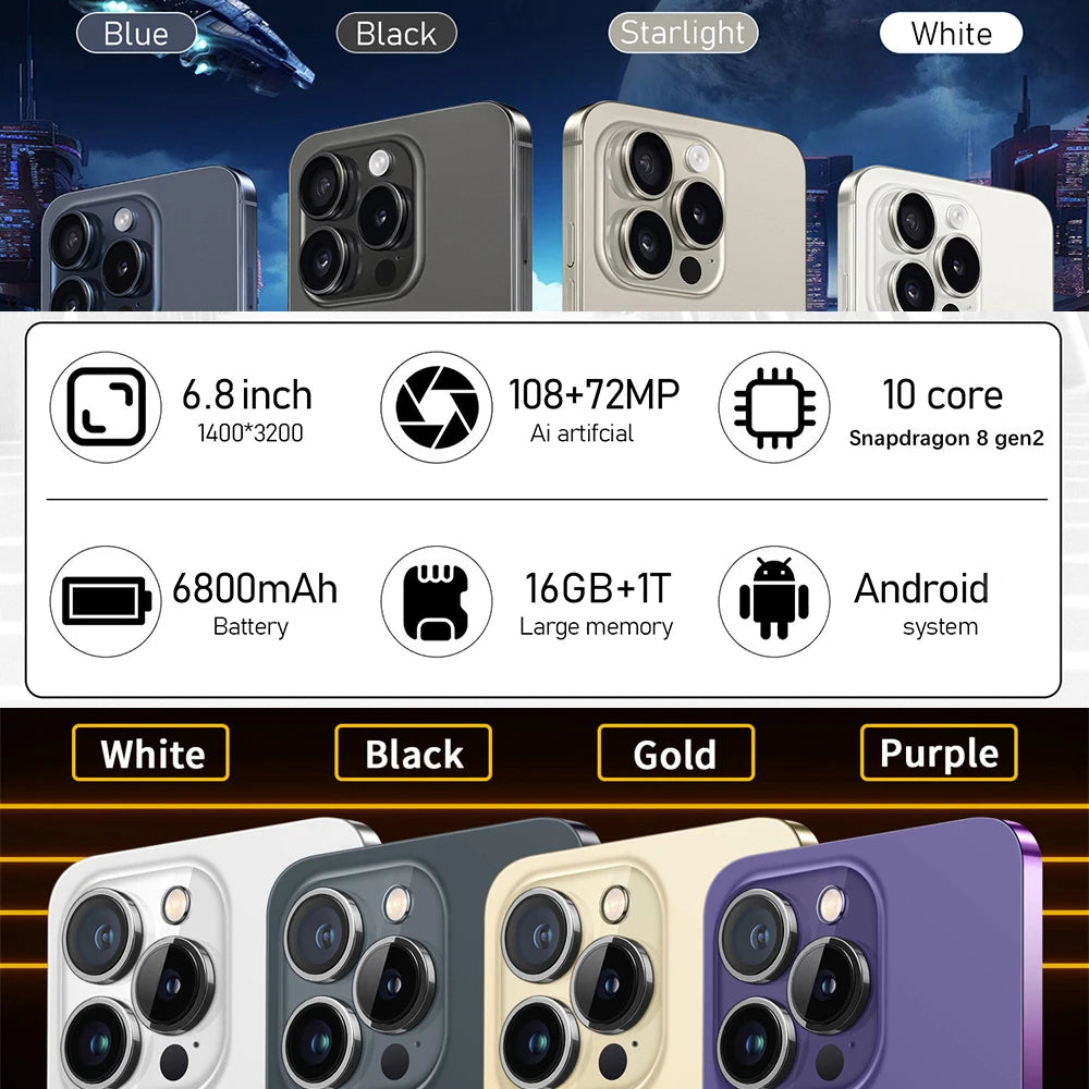 Unlock i15ProMax Smartphone for Android and 64GB TF Card Set,Dual SIM Cell Phone,6.8" FHD,16GB+1TB GPS Goodplay Store App Wifi