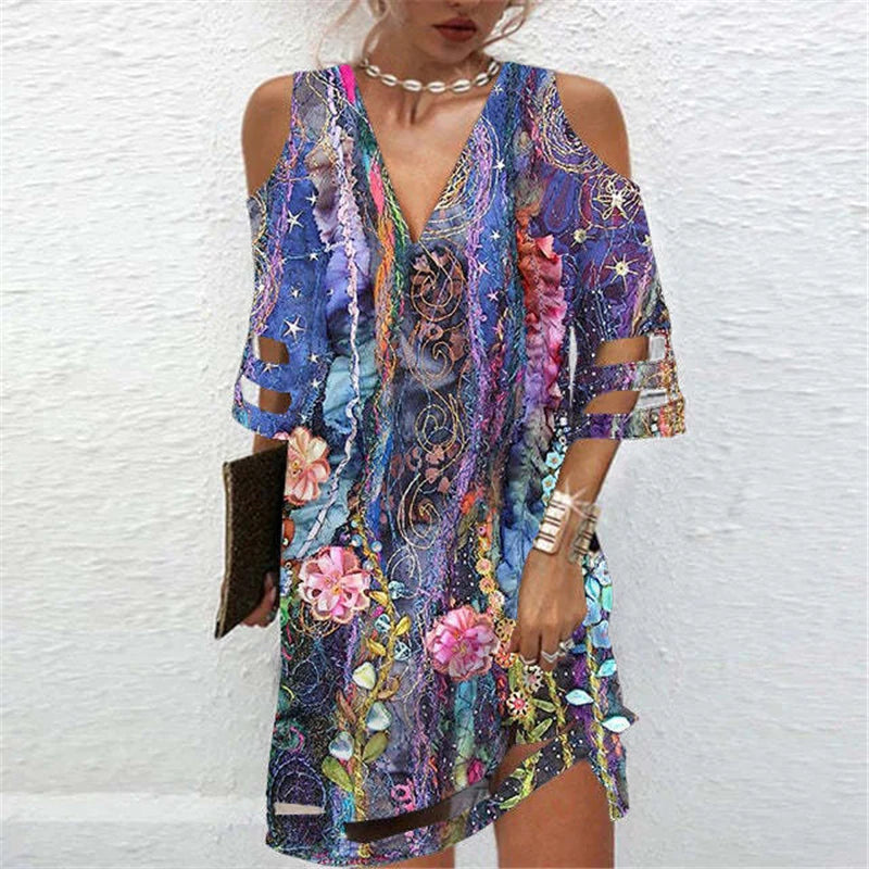 Women Sexy Off Shoulder Mesh Patchwork Elegant Party Dresses Summer Fashion Printed V Neck Half Sleeve Loose Midi Dress Vestidos
