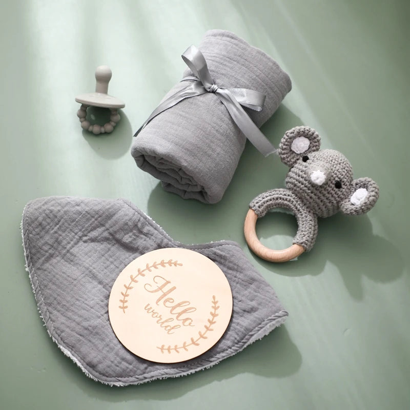 Baby Bathing Mouth Water Towel Pacifier Set Baby Full Moon Milestone Cards Wood Ring Rattle Bath Towel Wool Brush Birthday Gifts