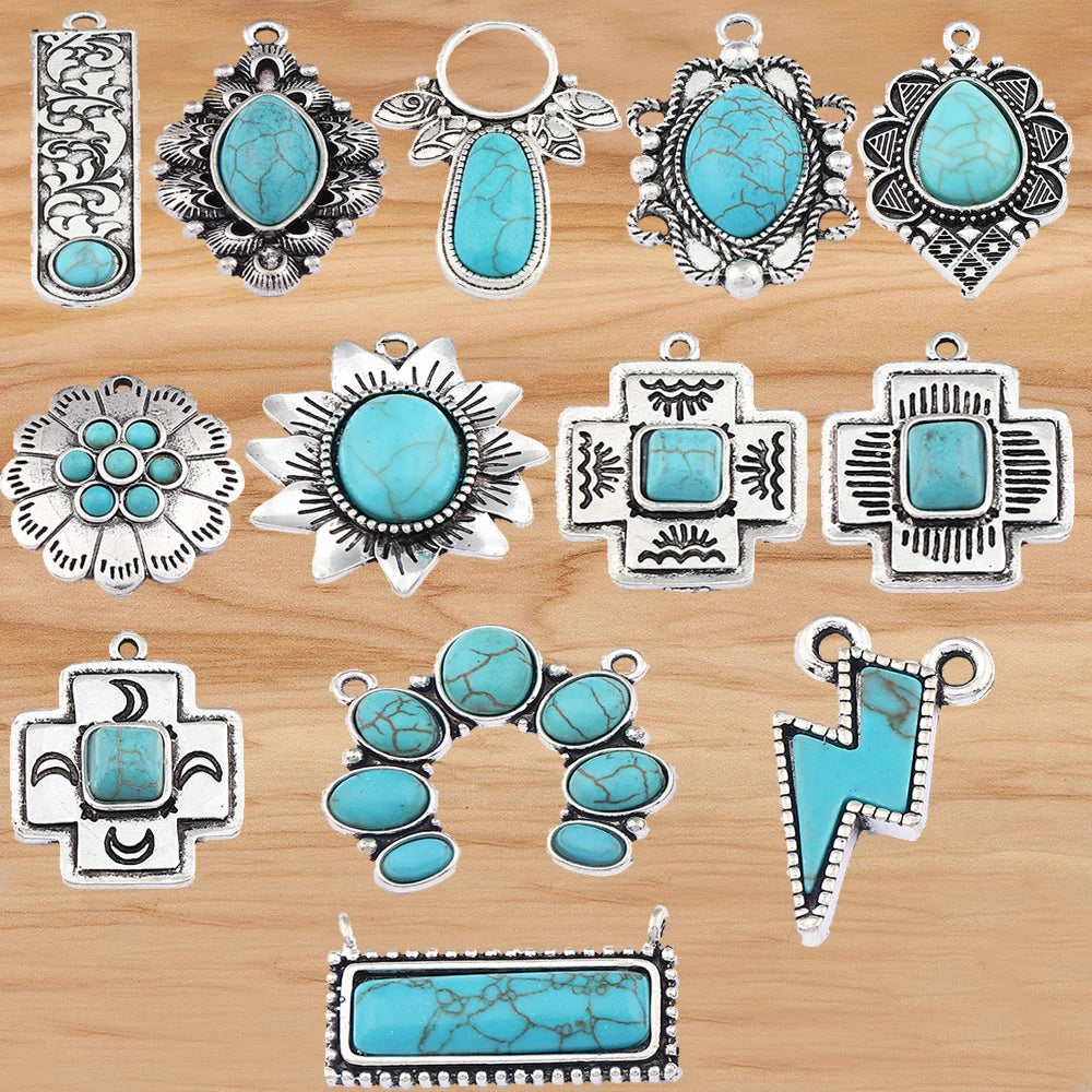 4 Pieces Tibetan Silver Color & Turquoise Crystal Hollow Charms Pendants For DIY Necklace Jewelry Making Accessories