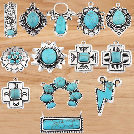 4 Pieces Tibetan Silver Color & Turquoise Crystal Hollow Charms Pendants For DIY Necklace Jewelry Making Accessories