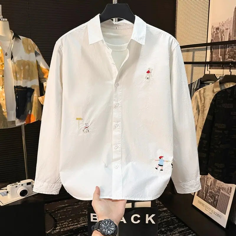 Embroidered Men's Shirts Fashionable Spring New Long-sleeved Versatile Trendy Loose Tops and Jackets Handsome and Casual
