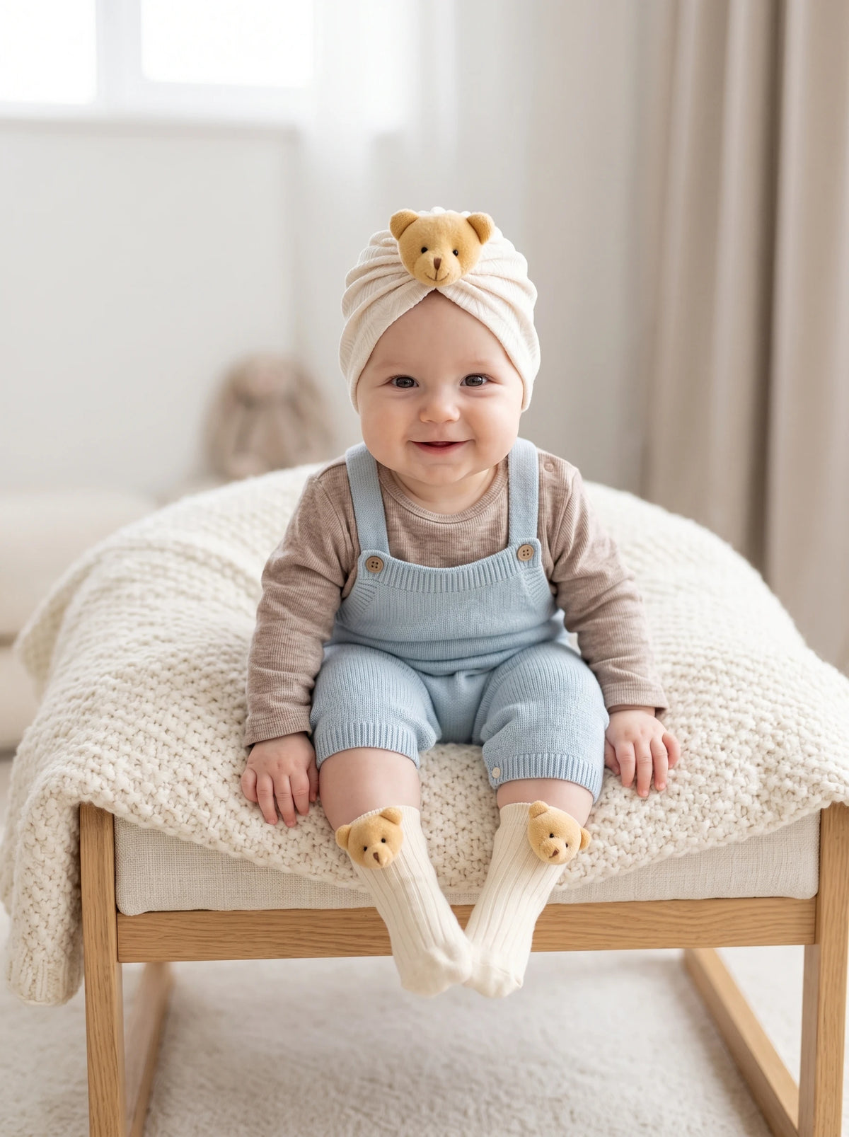 2pcs 3-24M Baby Kids Cute Puppy Cartoon Hat & Socks Set, Simple Solid Color Infant Knit Accessory Kit