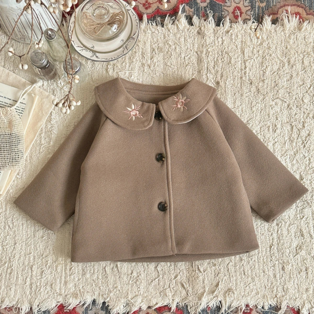 Soft Warm Baby Woolen Fabric Coat Beige/Camel Cute Sun Embroidery Lapel Jacket Infant Toddler Autumn Winter Going Out Outerwear