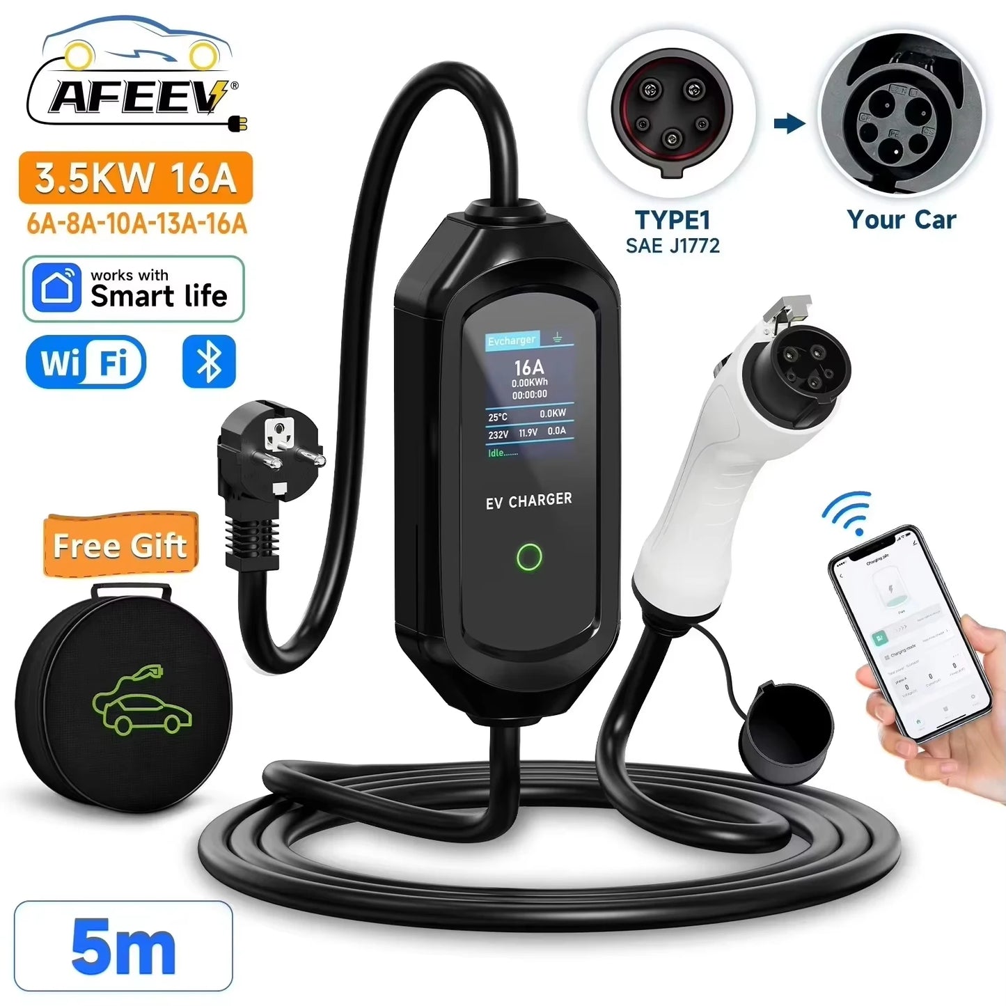 AFEEV Portable EV Charger Type2 IEC62196-2 EVSE Fast Charging Cable Type1 SAE J1772 Wallbox WiFi APP Bluetooth Wireless Control