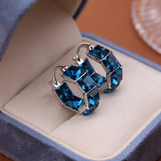 2025 Korean new design fashion jewelry luxury square blue crystal hoop earrings elegant women's daily work accessories