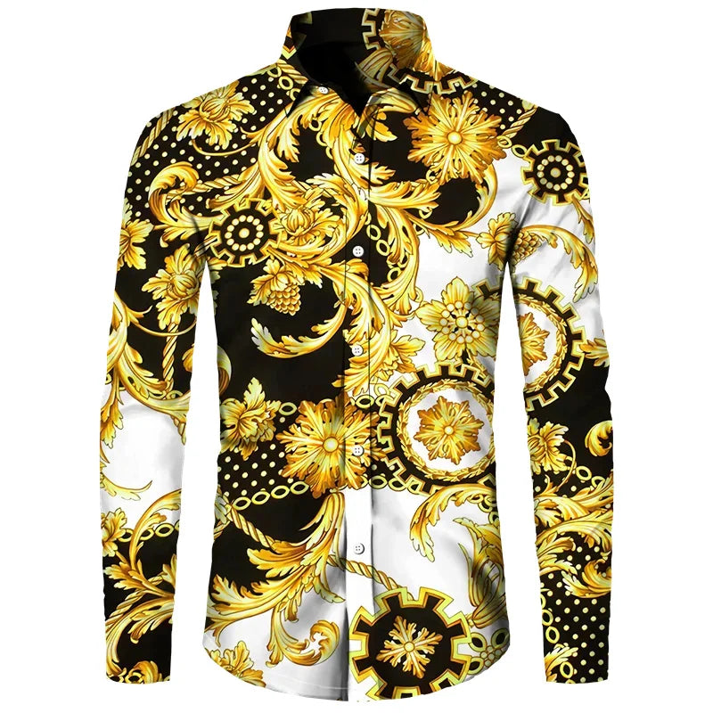 2024 New Luxury Golden Flower Chain 3D Print Men Lapel Button Shirts Long Sleeve Shirt Casual Mens Designer Clothing Streetwear