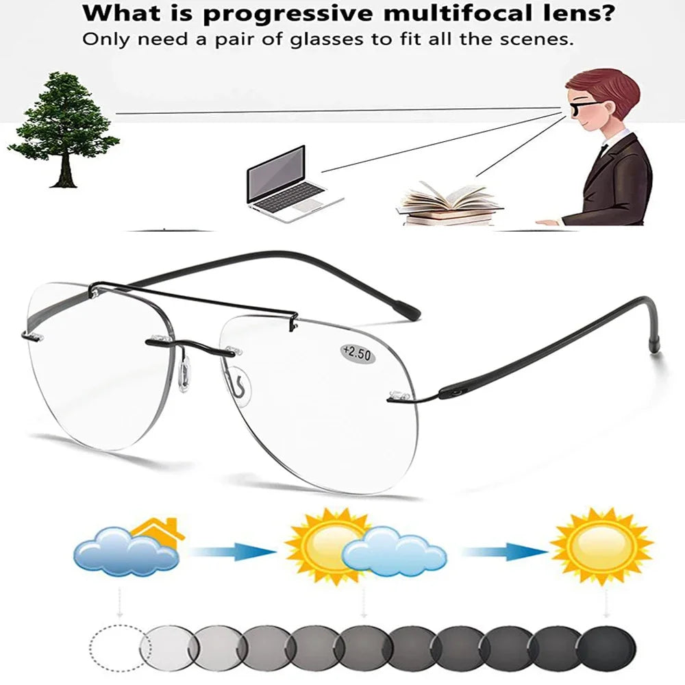 HDCRAFTER Multifocal Rimless Reading Glasses Photochromic Progressive Anti Blue Light Titanium Alloy Sun Glasses +100 to +400