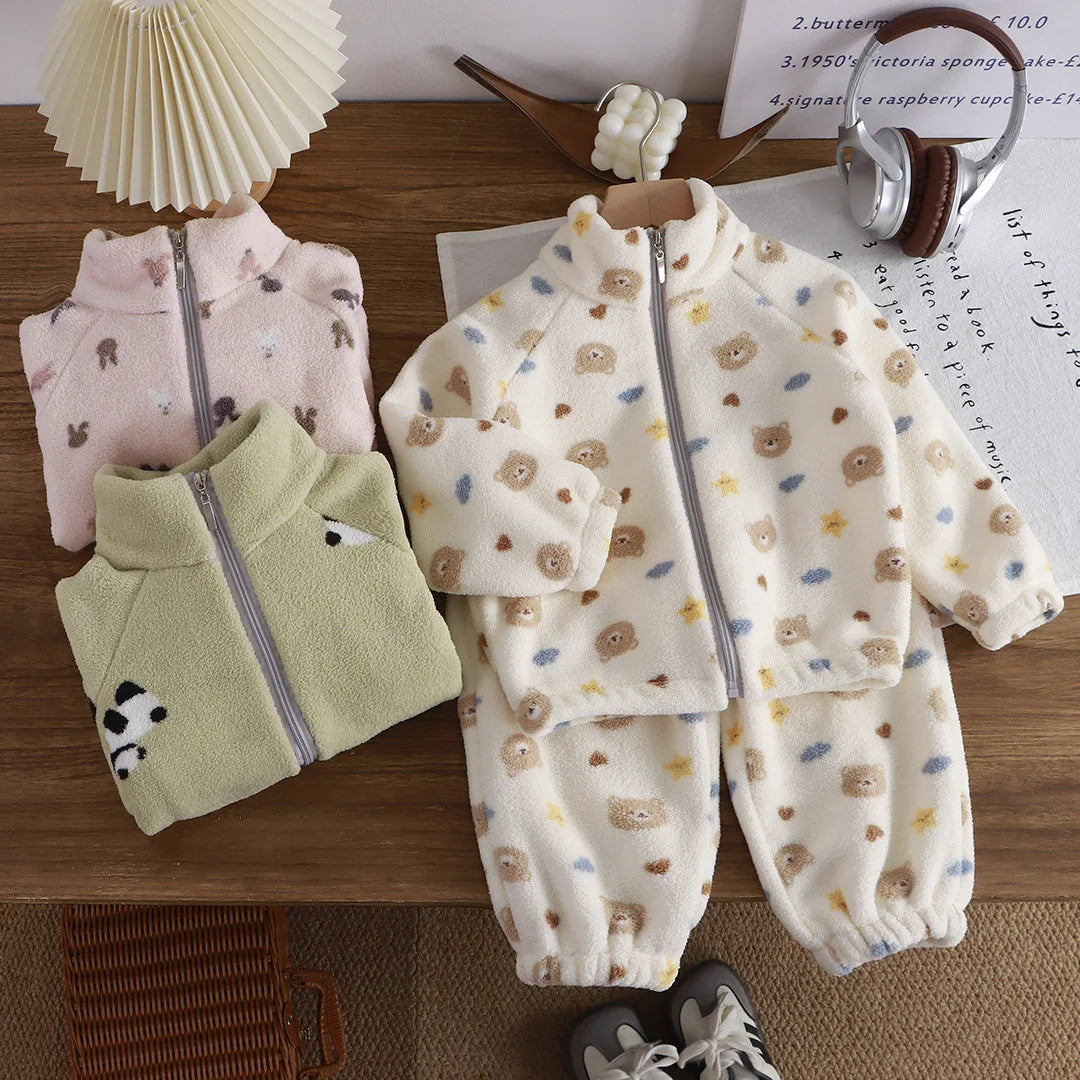 Toddler Baby Autumn and Winter Plus Velvet Thickened Set Cartoon Children's Home Clothes Shaking and Brushed Children's Set