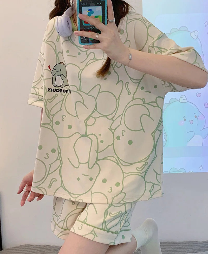 New Women's Pajamas Two-Piece Summer Thin Section Of Short-Sleeved Shorts Cute And Comfortable Milky Outwear Homewear Suit