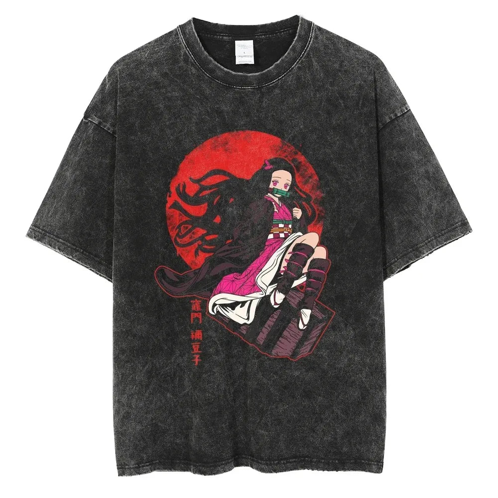 Hot Anime Demon Slayer Kokushibo Graphic T-Shirt Men Women Manga Tshirts Washed Cotton T Shirt Harajuku Unisex Vintage Top Tees