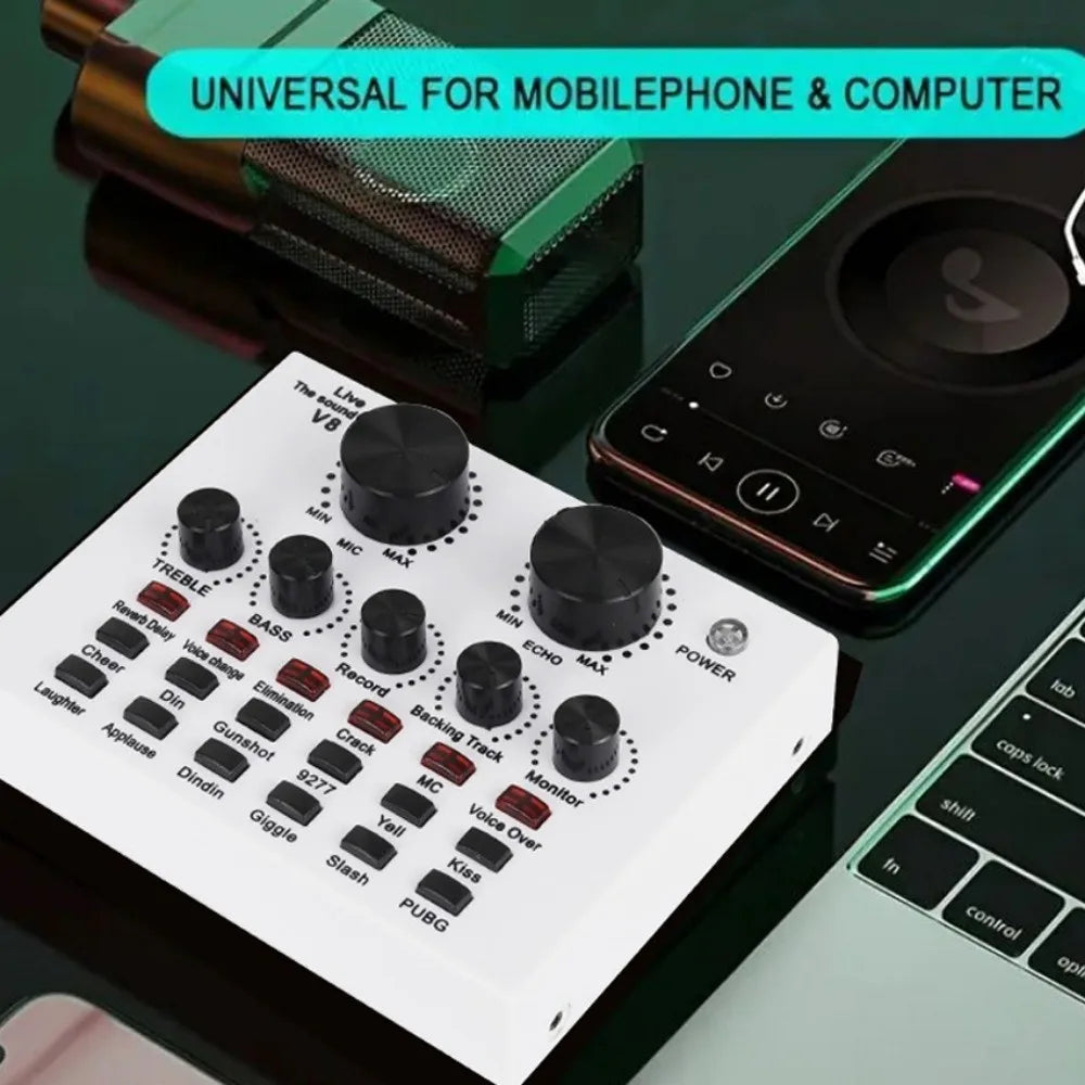 Audio Mixer V8 Sound Card Karaoke Recording Studio Record Mic Sound Card Black White External Sound Card Mobile Record
