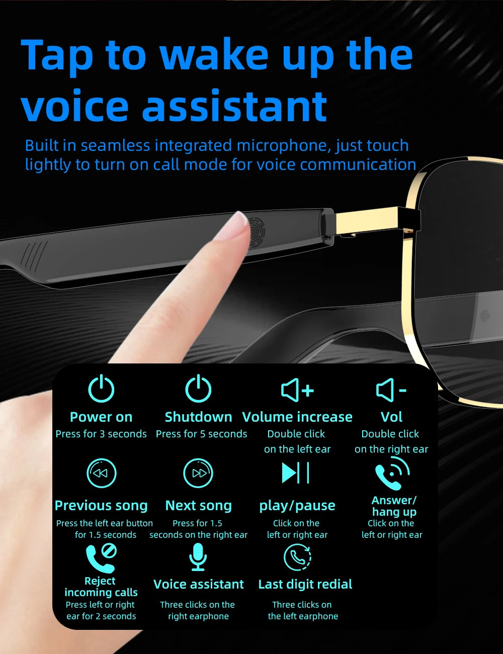 SG-16Pro New Trendy Smart Glasses Anti Blue Light Gold frame Sunglasses Music Stereo For Jogging Workouts SG16 PRO