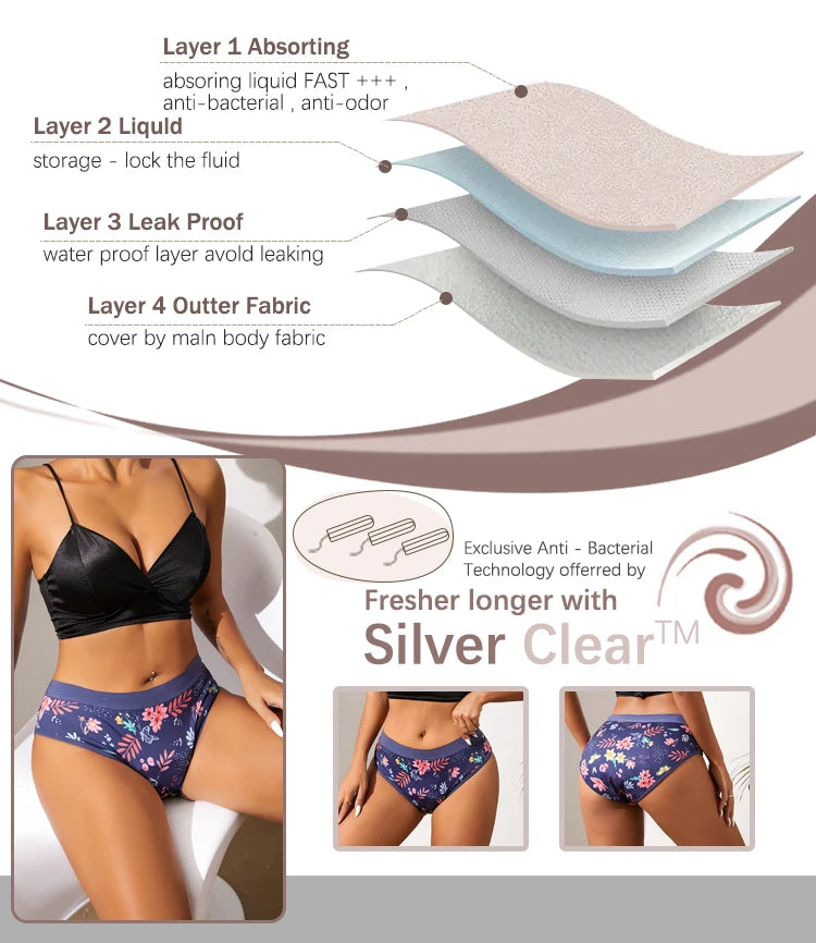 3PCS/Lot Girls Cotton Menstrual Panties For Teenager Printing Fabric Underwear 4-Layers Medium Flow Absorption Panties for Girls