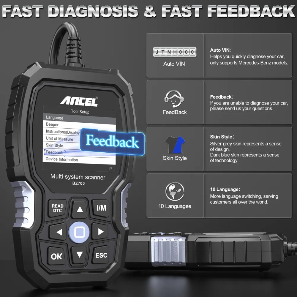 2025 ANCEL BZ700 OBD2 Scanner Engine OBD Code Reader For Mercedes Benz Full System Diagnostic Tool Reset Service Automotive Tool