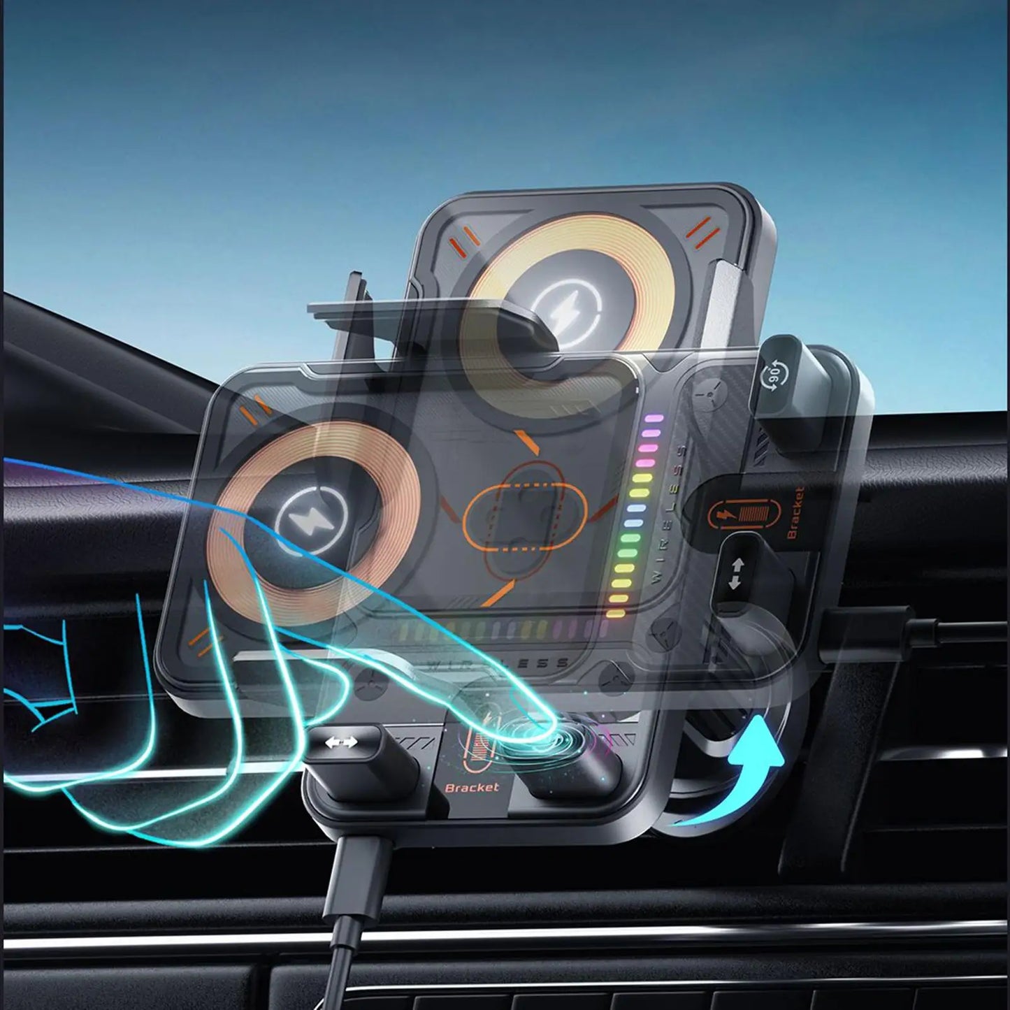 Car Holder With Dualed Motor Electric Rotating Opening Closing Mobile Phone Holder Wireless Fast Charging Phone Bracket