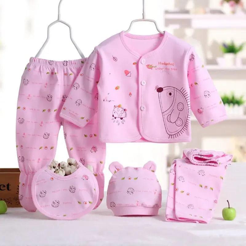5pcs Newborn Baby 0-3m Clothing Sets Baby Boy Girl Top 2 Pants Hat Bibs Clothes Cotton Cartoon Underwear Infant Breathable Suit