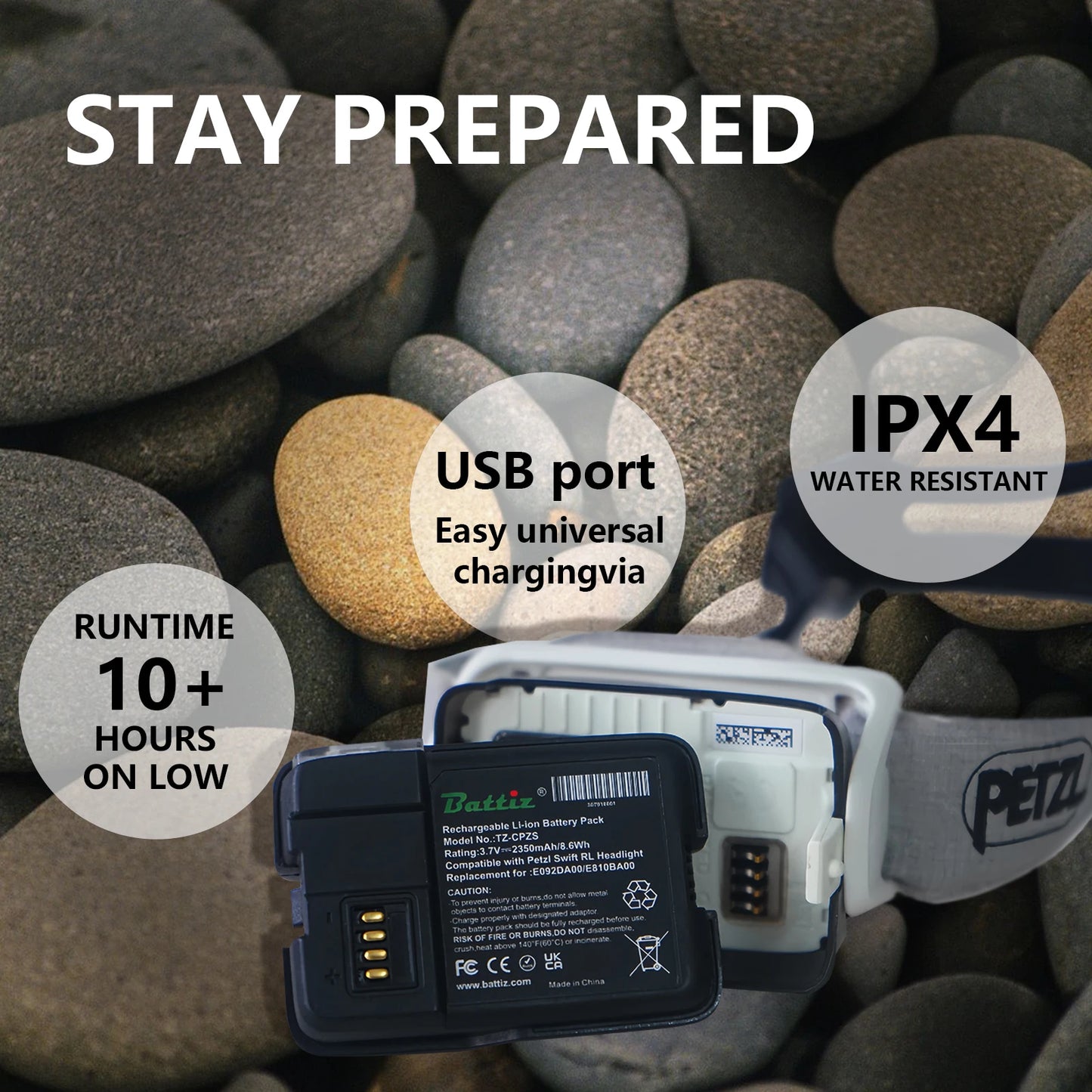 Li-Ion Rechargeable Battery Compatible With Petzl Swift RL Headlamps 2350mah