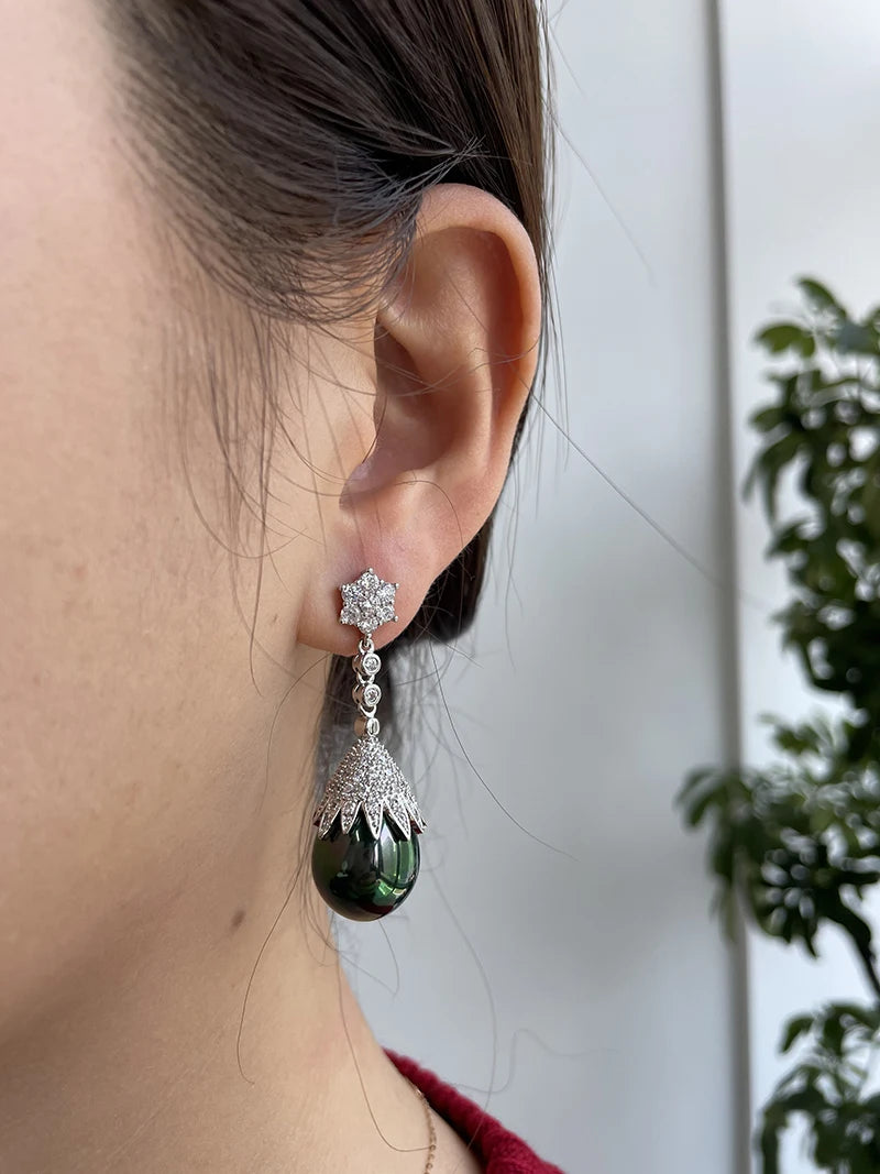 SENYU Luxury Emerald Color Water Drop Shell Pearl Drop Earrings Shiny Women Zircon Earrings for Wedding Brides Jewelry Gifts
