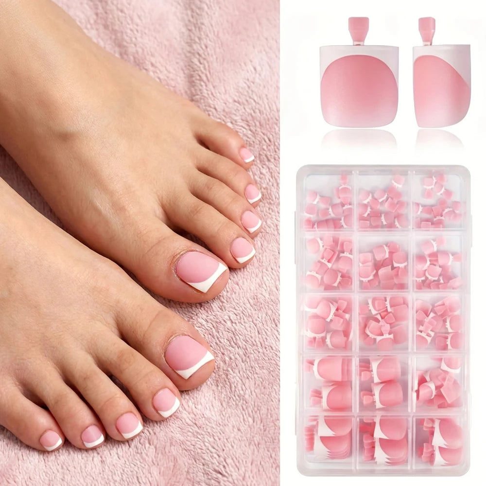 150pcs Light Pink Short Square Press On Toenails Matte White French Tip False Toenails Full Cover Toenail Extension Tips 15size%