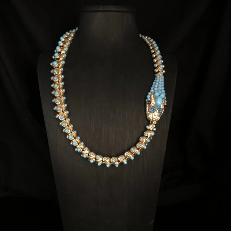 KEQIU Recycled aged gold snake-shaped necklace stud earring ancient-style , turquoise inlaid heavy industry jewelry