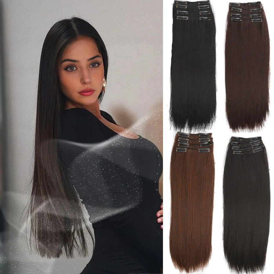 4pc synthetic women's 16inch/20inch/24inch four piece straight hair extensions, black/brown wig, suitable for daily wear