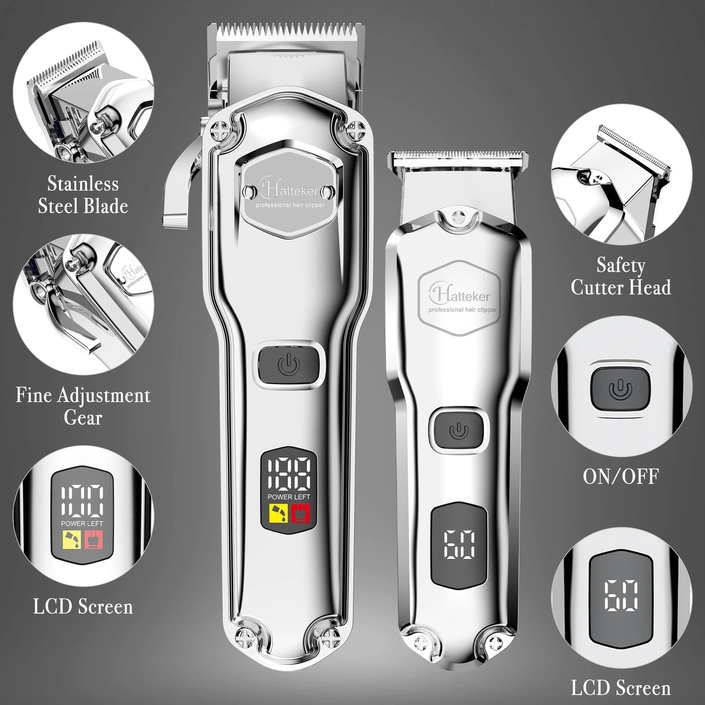 Hatteker Professional Cordless Hair Clipper Kit for Barbers - Powerful Electric Clippers with LCD Display for Men's Haircut
