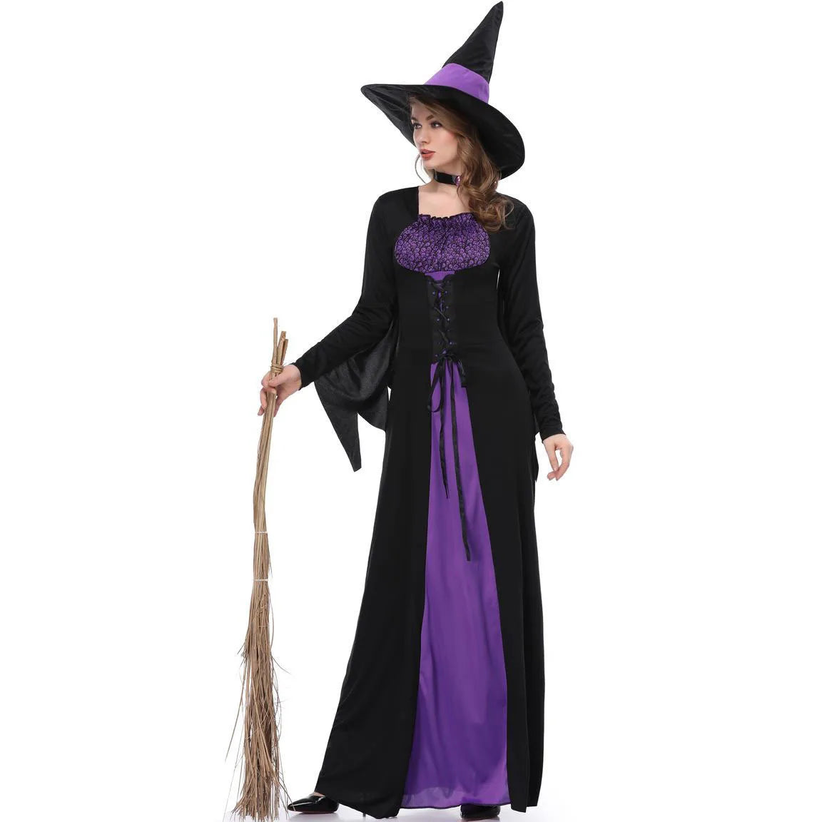Halloween Gothic Witch Cosplay Costumes Women Sexy Witch Dress With Hat Carnival Party Performese Clothes