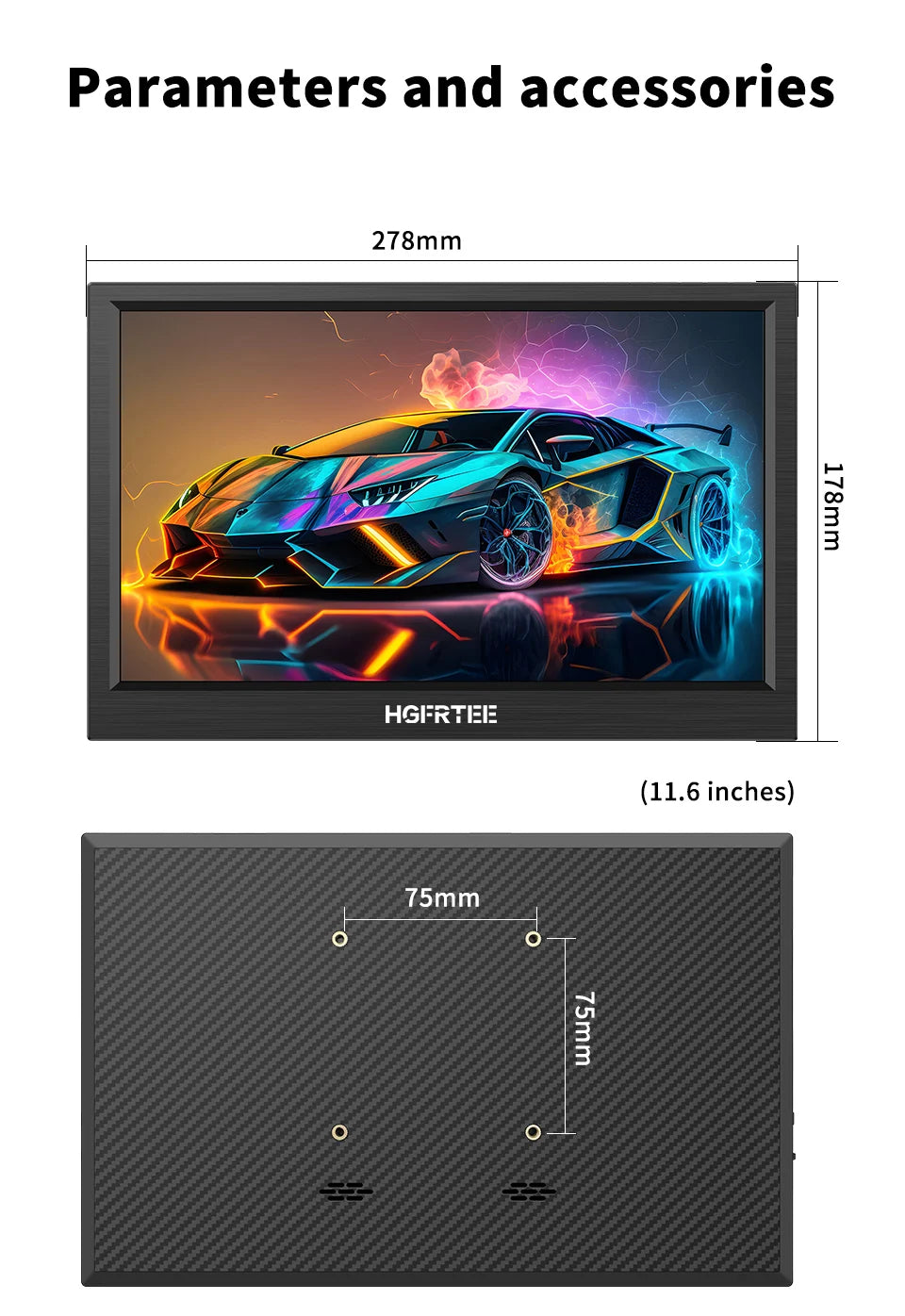 HGFRTEE portable monitor 11.6inch laptop monitor 768 display external monitor suitable for laptop and computer built-in speakers
