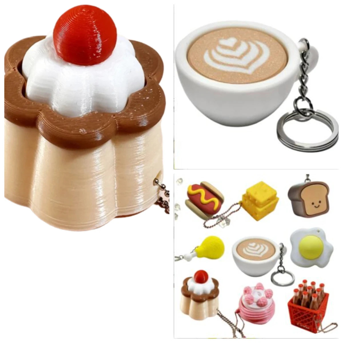 Stress resistant keychain toy - fun stress relieving buttons in strawberry cake, coffee, and chicken legs, designed for all ages