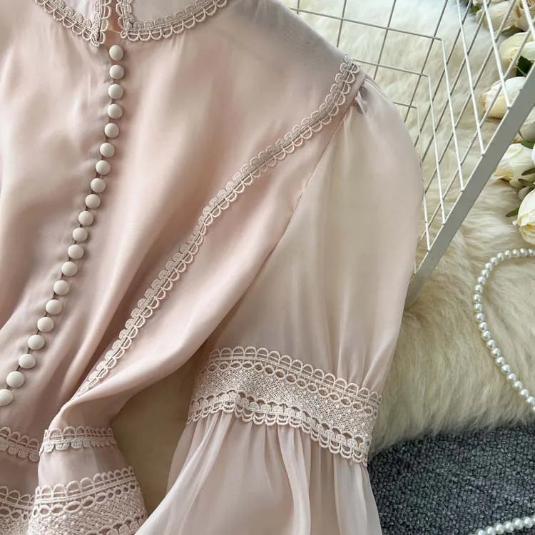 Luxury Vintage Women's Lace patchwork dress 2025 Spring Beach Long puff sleeve mini dresses White Black Lady vestidos 4D145