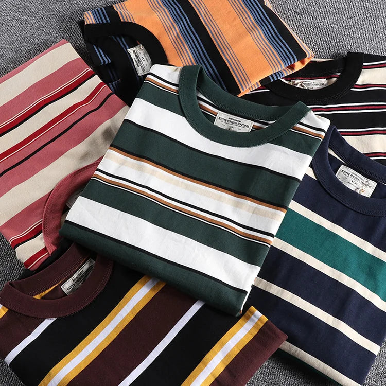 Summer Splicing Pure Cotton Stripe Short Sleeve T-shirt Streetwear Amekaji Heavyweight Casual Male Round Neck Tshirt Tops Tee