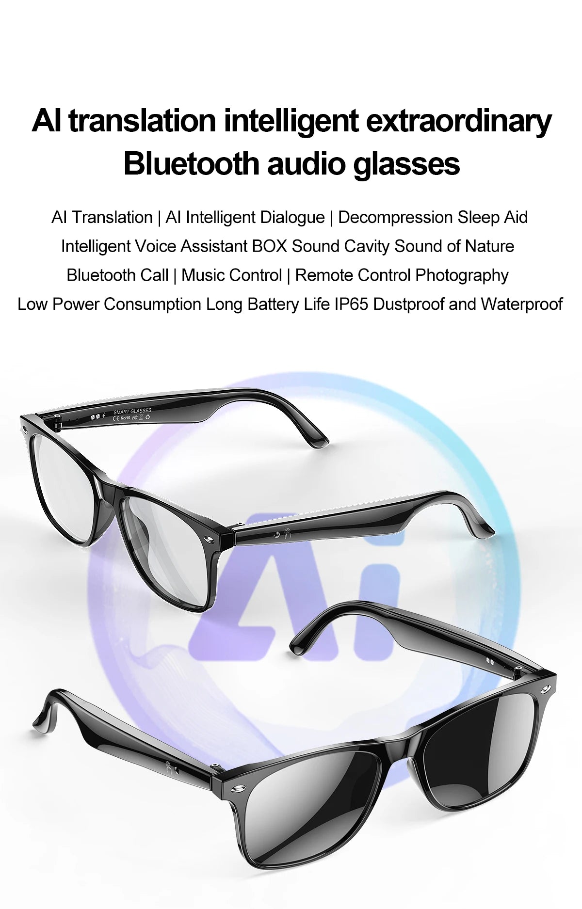 Upgrade Smart Glasses 134 Online Languages AI Automatic Translation Conversation with Speaker UV Protected Bluetooth Sunglasses