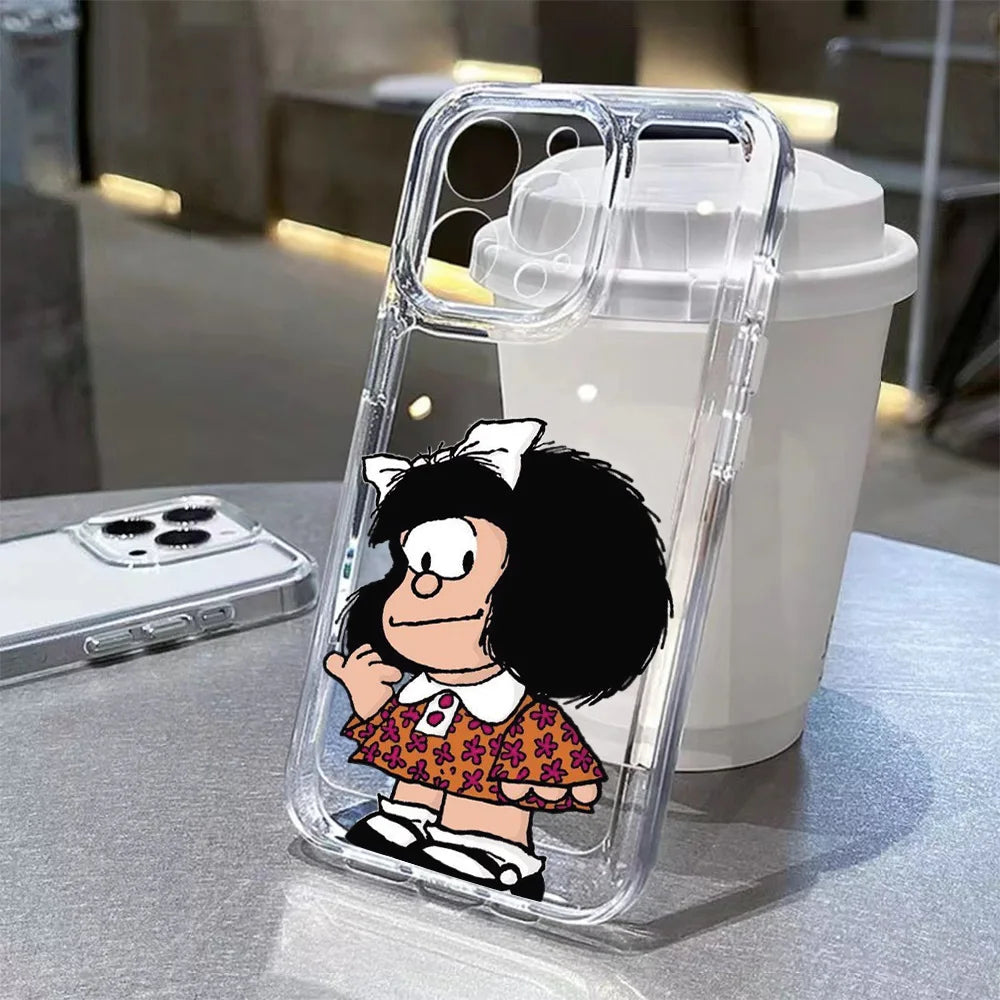Cartoon Bow Mafaldas Phone Case For iPhone 17 16 16e 15 14 13 12 11 Mini Pro Max X XR XSMax 7 8 Air Plus Transparent Back Cover
