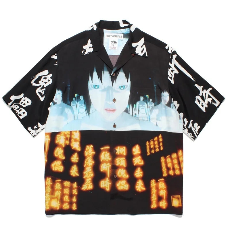 High-end Summer WACKO MARIA Solid Color Cursive wackomaria Embroidery Logo Simple Hawaii Short Sleeve Shirt