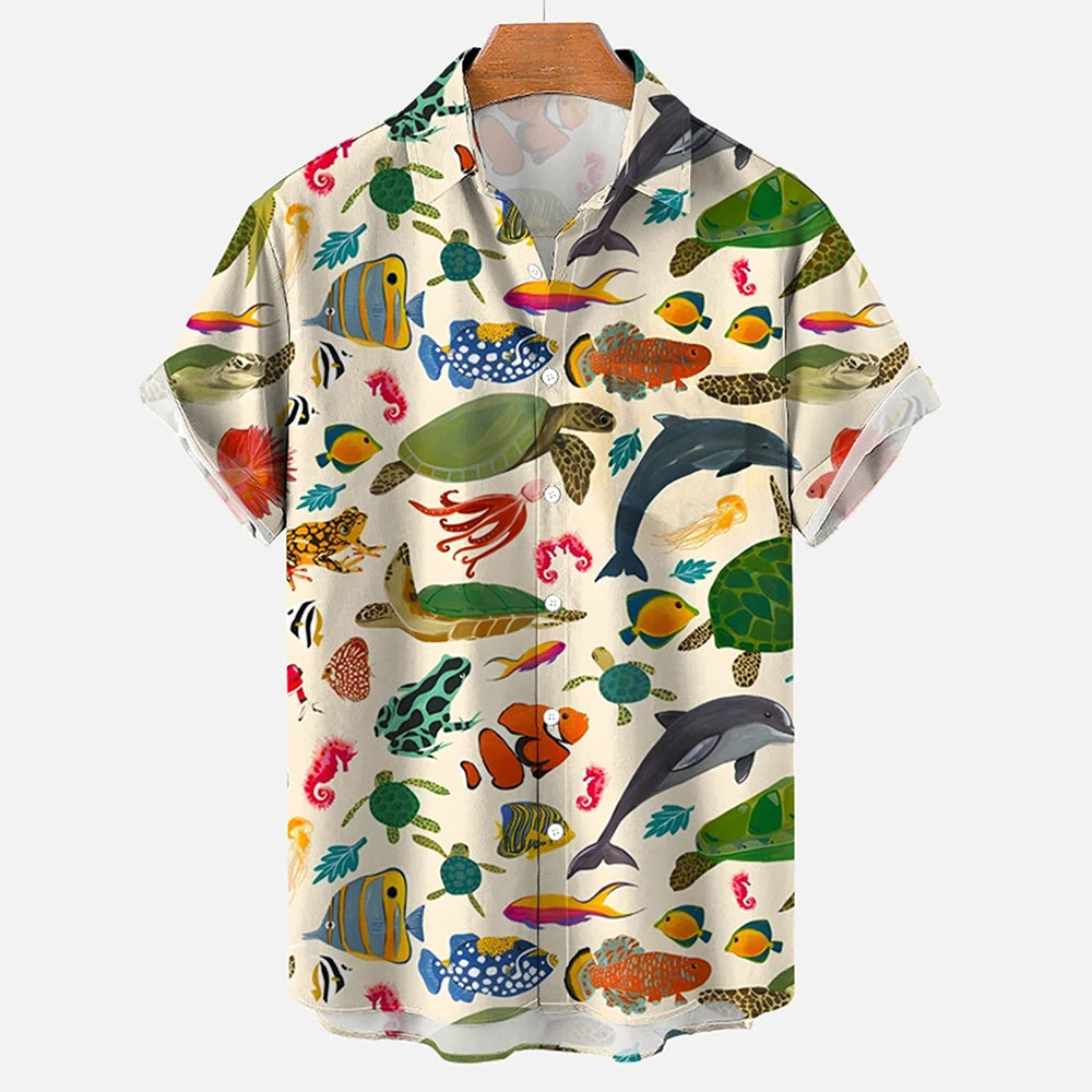 Fashionable summer turtle print shirts Hawaiian button Men's beach short sleeved Casual lapel