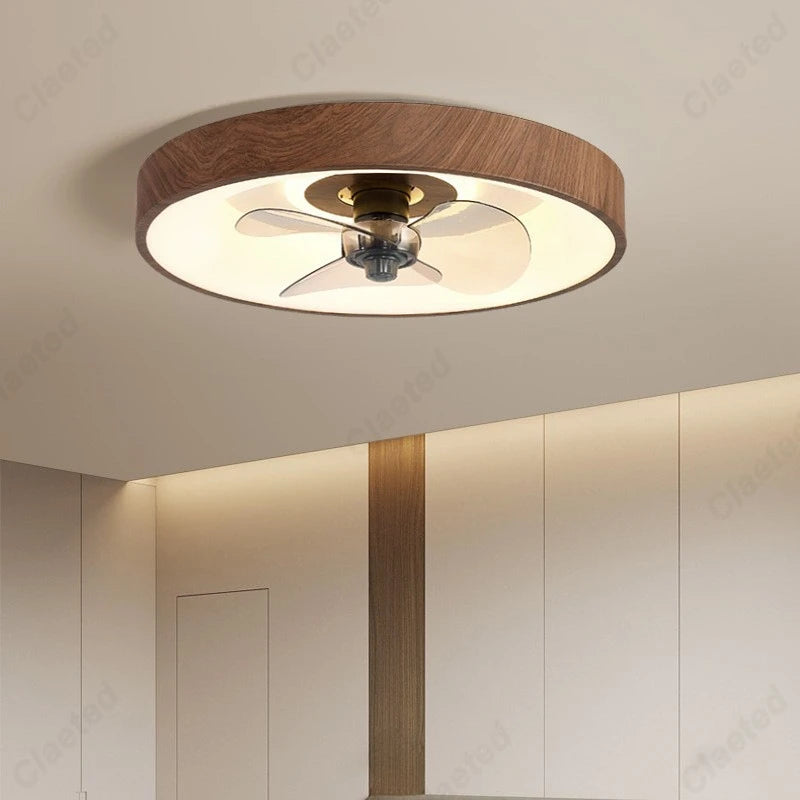 Modern Minimalist LED Living Room Dining Room Study Bedroom Fan Lamp Walnut Color