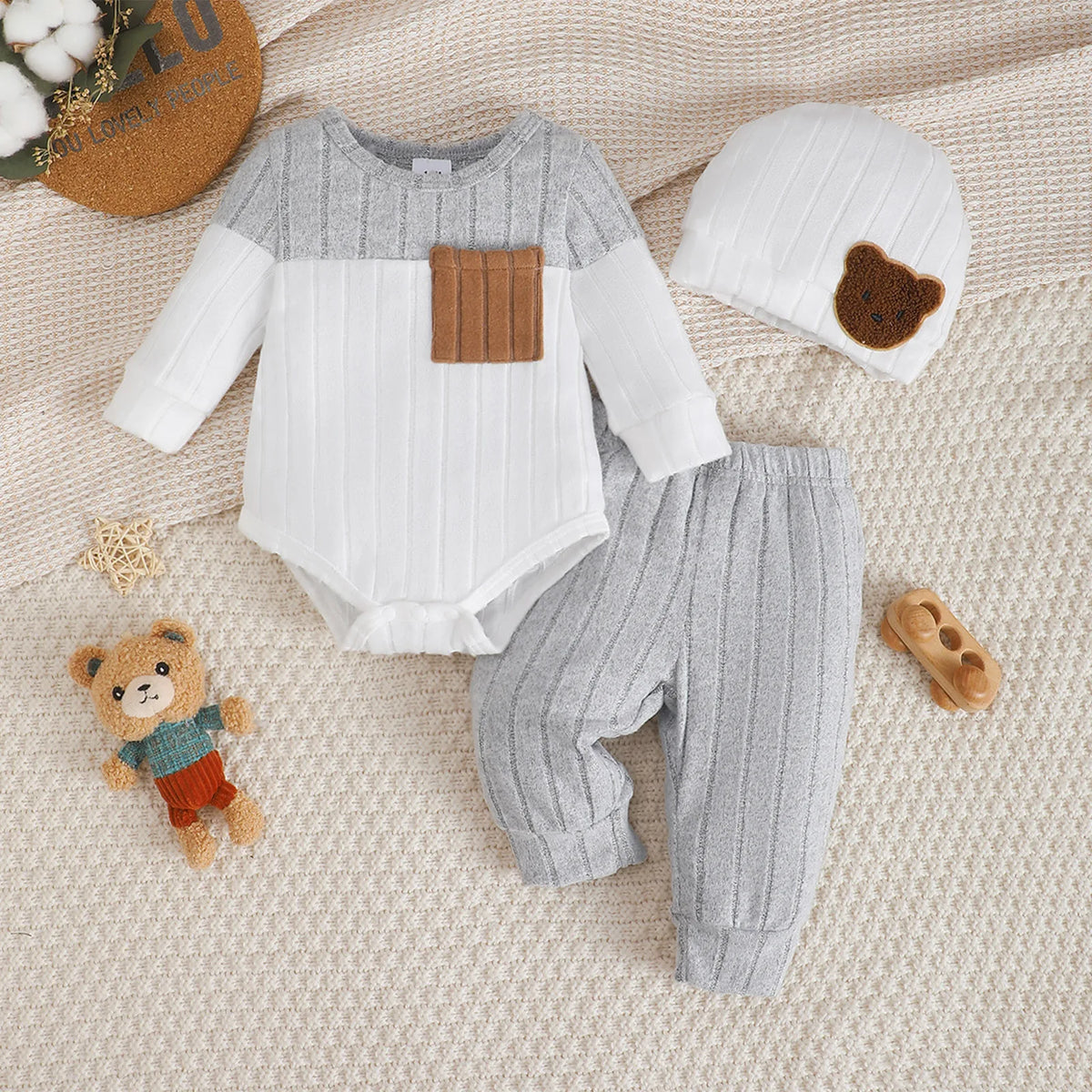0-18 Month Newborn Baby boy Set Round neck Color Blocked Bodysuit+Pants+Hat Comfortable 3Pcs/set for baby boy spring  autumn Set