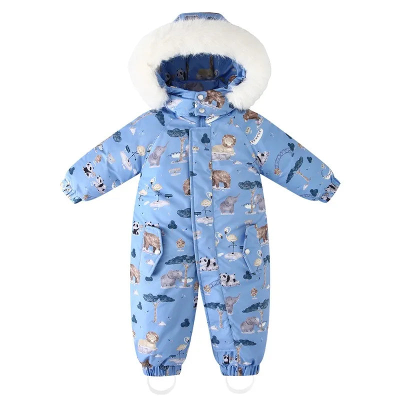 Bellbell Winter 2-6Yrs Girls Snowwear Jumpsuit Faux Fur Hooded Floral Print Kids Baby Girl Romper Thicken Warm Toddler Bodysuit
