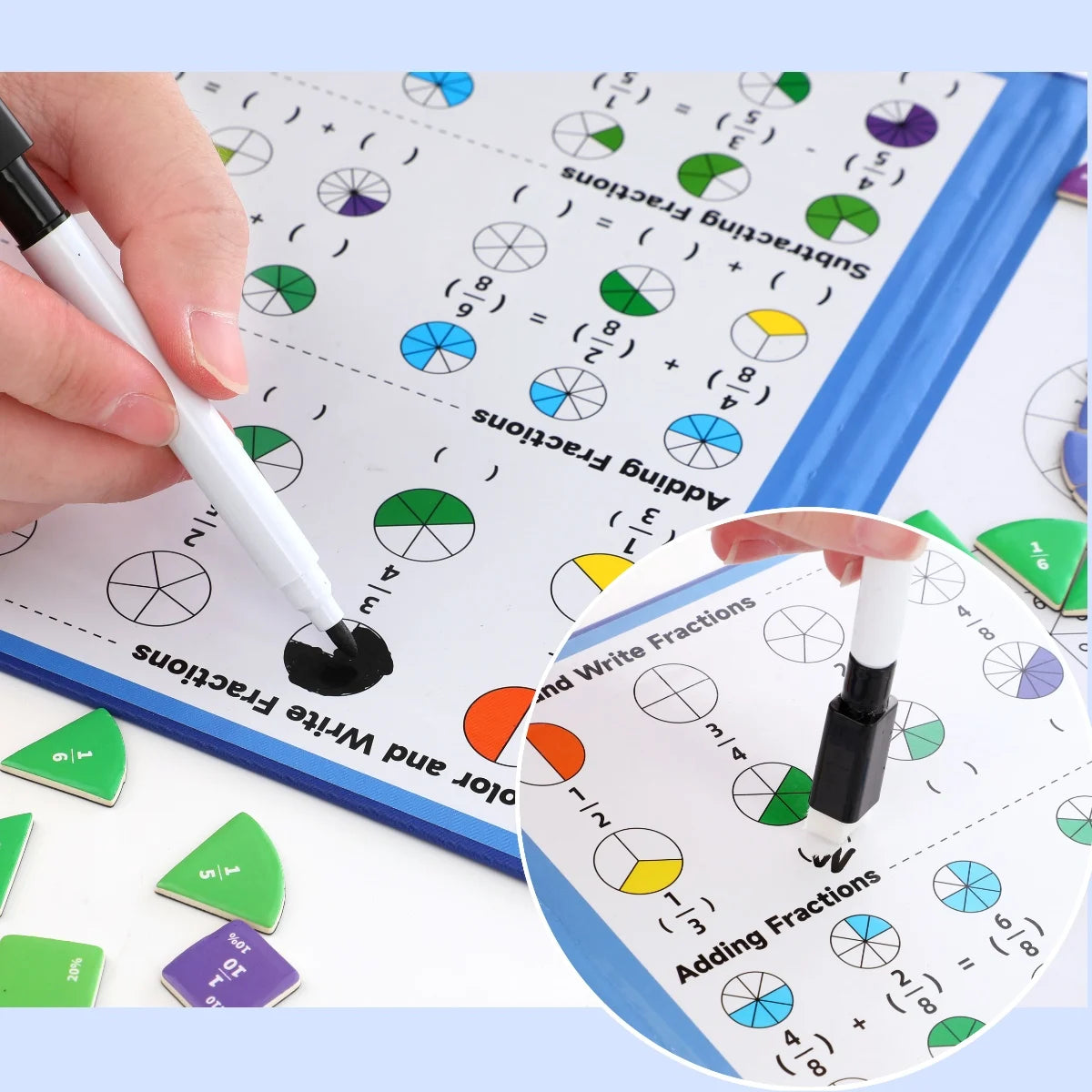 Magnetic Fraction Disk Teaching Aids, Fraction Science Education Model Practical School Interactive Enlightenment Teaching Aids, Block Diagram + Pie Diagram + Erasable Arithmetic Area, Addition and Subtraction Quantity Visual
