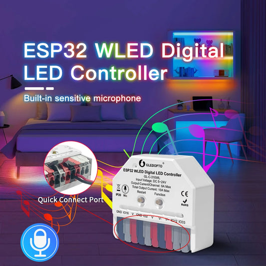 GLEDOPTO ESP32 Mini WLED LED Controller With Mic DIY Music Dynamic Modes Digital WS2811 WS2812 SK6812 TM1814 WS2813 WS2815 Strip