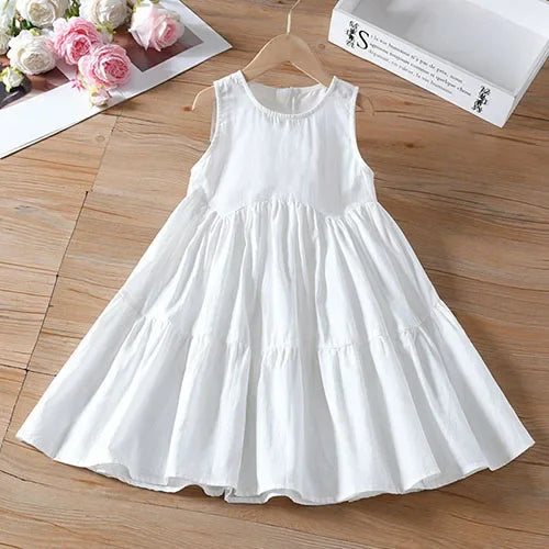 2025 New Summer Baby Girl Birthday Wedding Party Dress Short Sleeved Cotton Solid Color Dress 2-10Yrs Kids Princess Dresses
