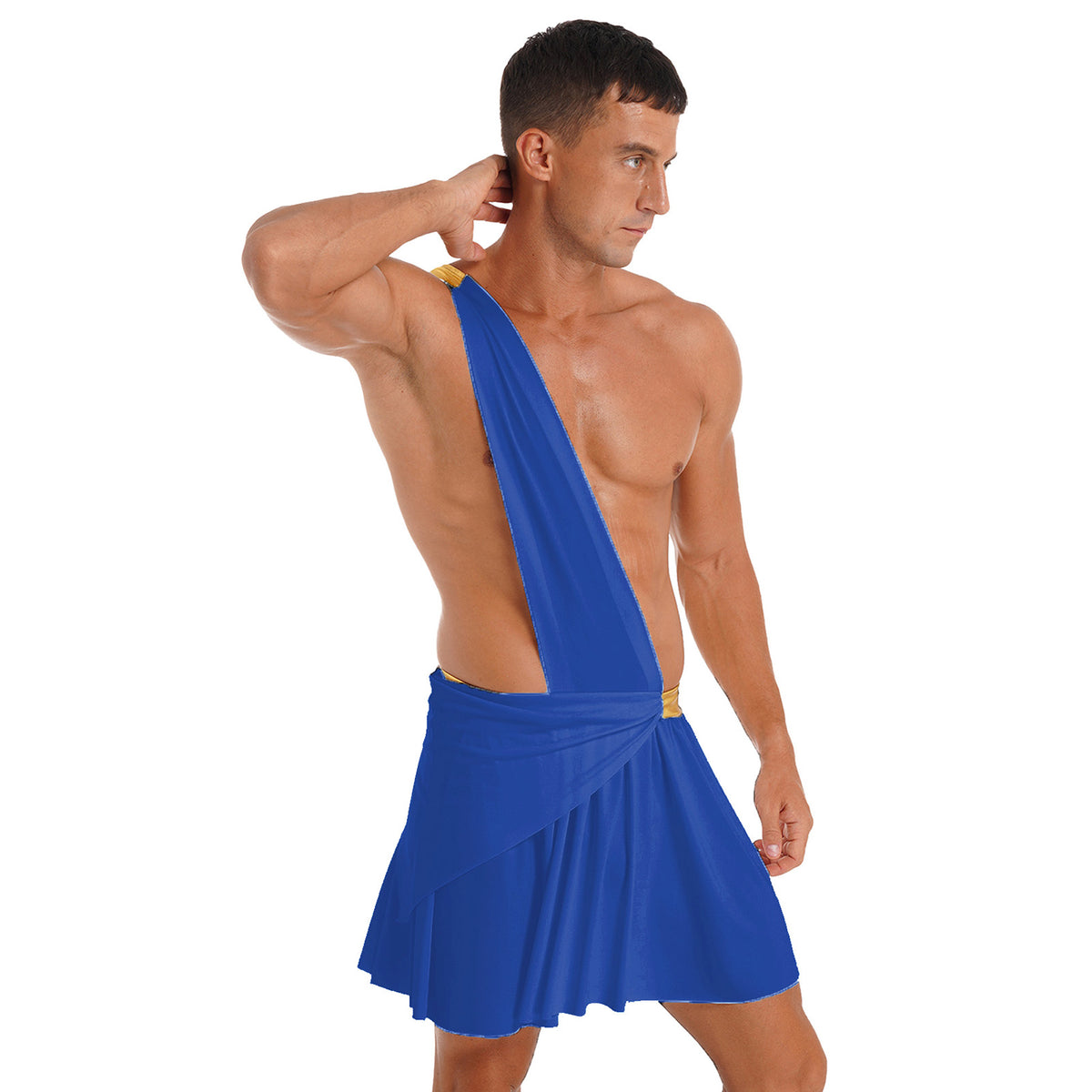 Halloween Ancient Greek Warrior Cosplay Costume Mens One Shoulder Strap Contrast Color Ruffle Skirt Carnival Theme Party Wear