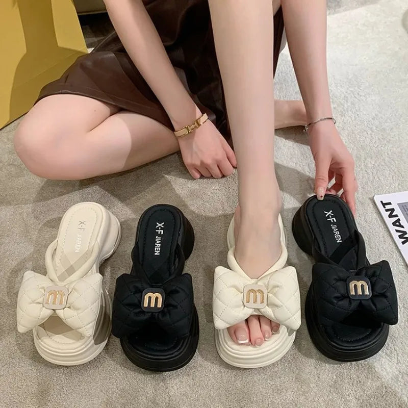 Summer Women's Slippers Designer Platform Slippers Fashion Bow One-Word Slipper 2025 New Casual Beach Slippers for Women Slides