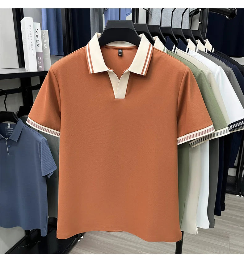 Light luxury summer new short sleeve polo shirt silky breathable high-end men's fashion personalized color blocked lapel T-shirt