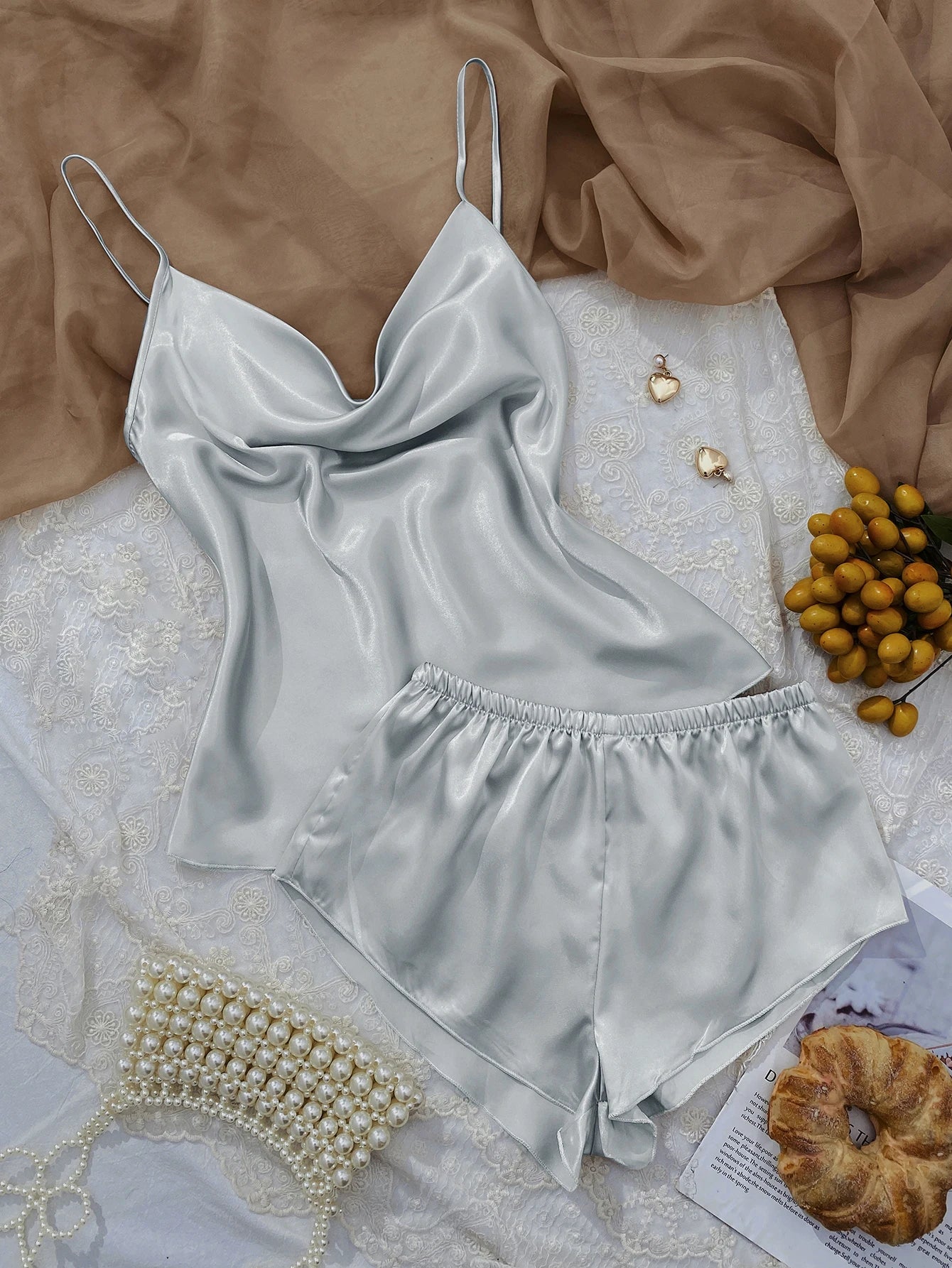 Solid Satin Pajama Set  V Neck Cami Top   Elastic Waistband Shorts Women's Sleepwear  Loungewear