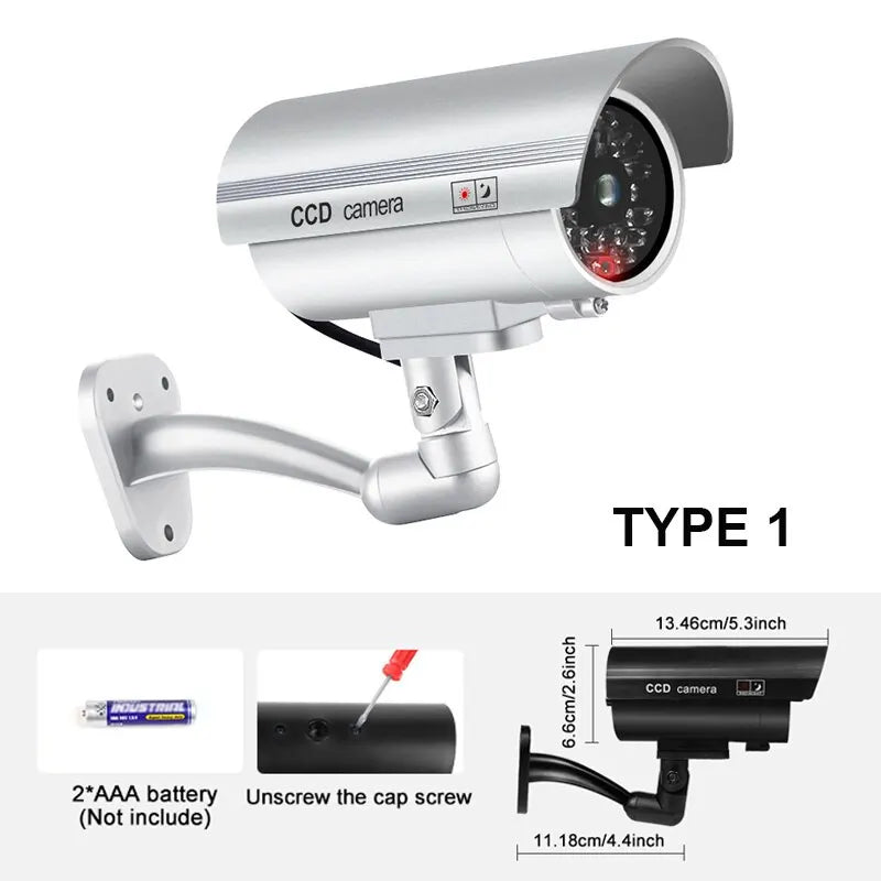 1PC Dummy Security Camera Watreproof Indoor Outdoor Fake CCTV Surveillance System, Red Flashing LED Lights, No Wiring Required